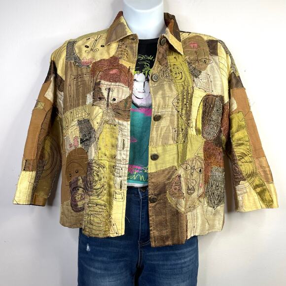 Vintage Y2K Sandy Starkman Silk Patchwork Tribal Abstract Faces Cropped Jacket L - Picture 5 of 17